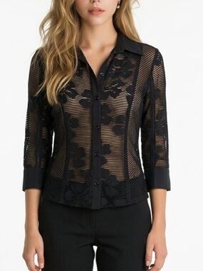 Vintage Women’s Sz M Black Sheers Top Button Up